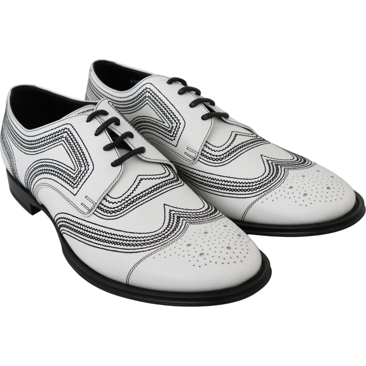 Dolce & Gabbana White Leather Derby Formal Black Lace Shoes MV3046-44