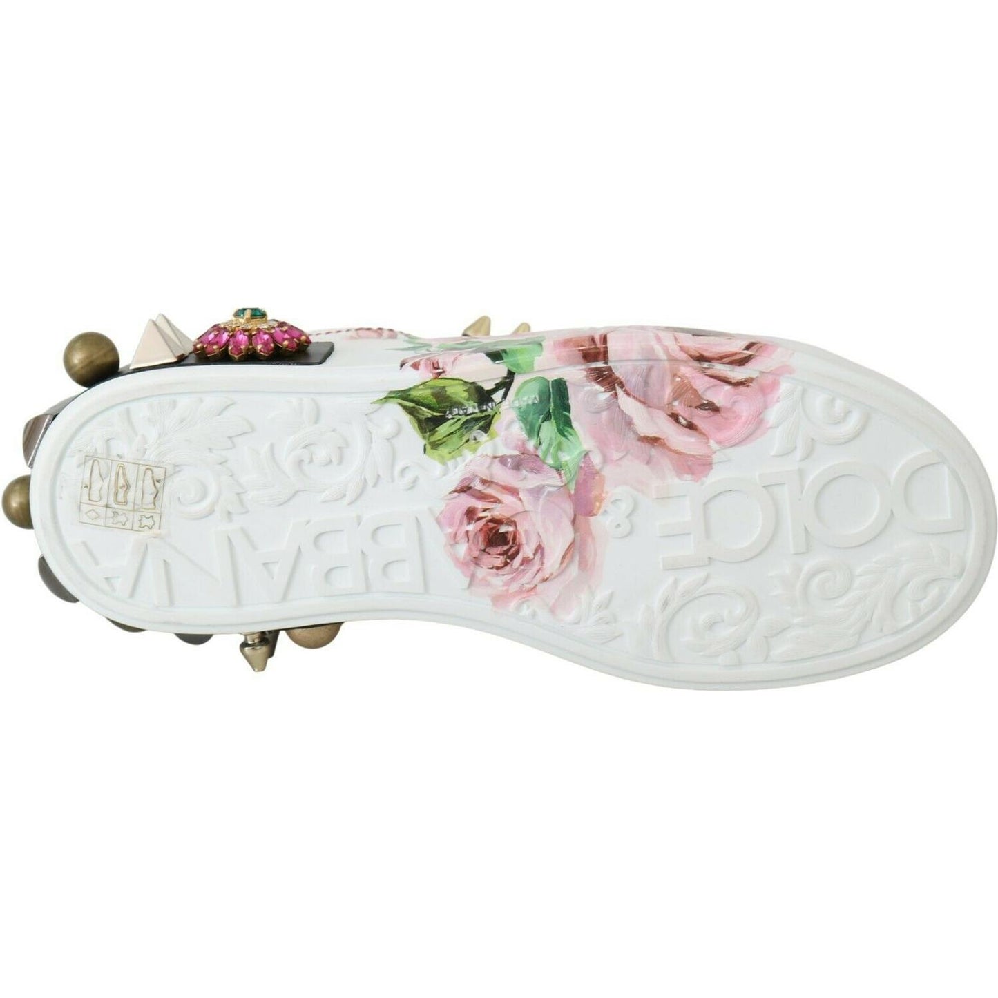 Dolce & Gabbana White Leather Crystal Roses Floral Sneakers Shoes LA6691-35