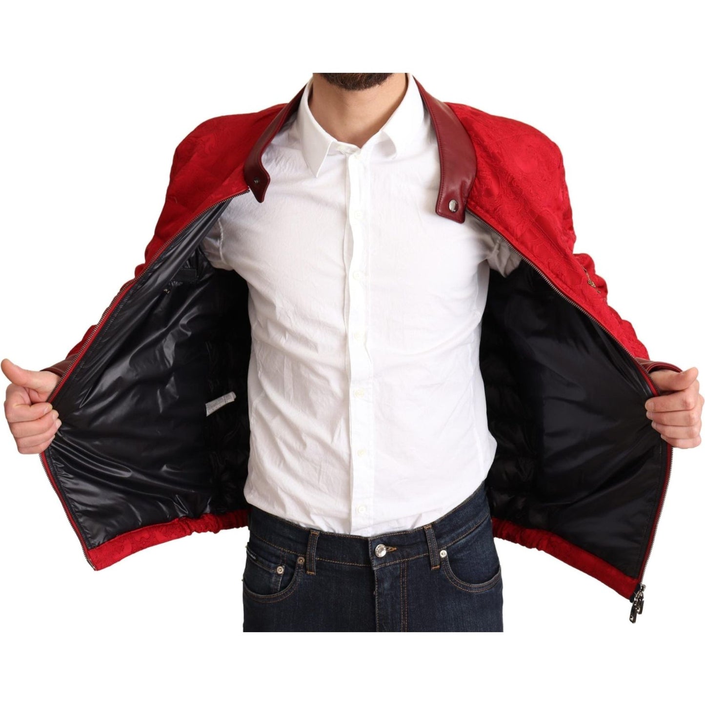 Dolce & Gabbana Red Brocade Bomber Gold Crown Logo Coat Jacket JKT2903-IT48