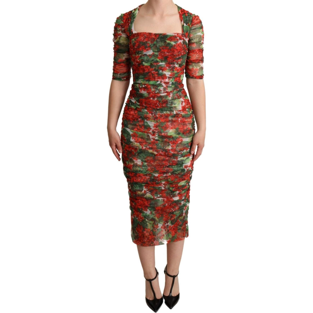 Dolce & Gabbana Red Floral Print Tulle Sheath Midi Dress DR28098 -36