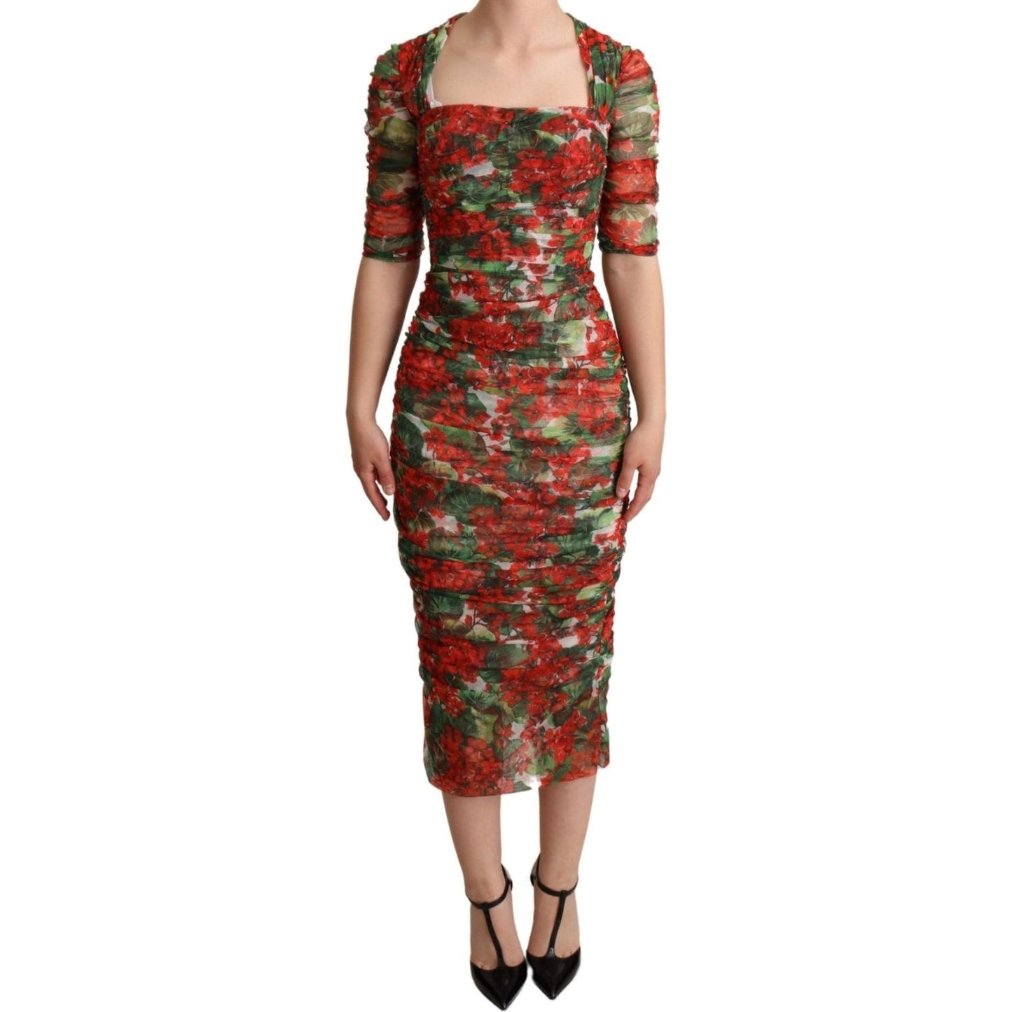 Dolce & Gabbana Red Floral Print Tulle Sheath Midi Dress DR28098 -36