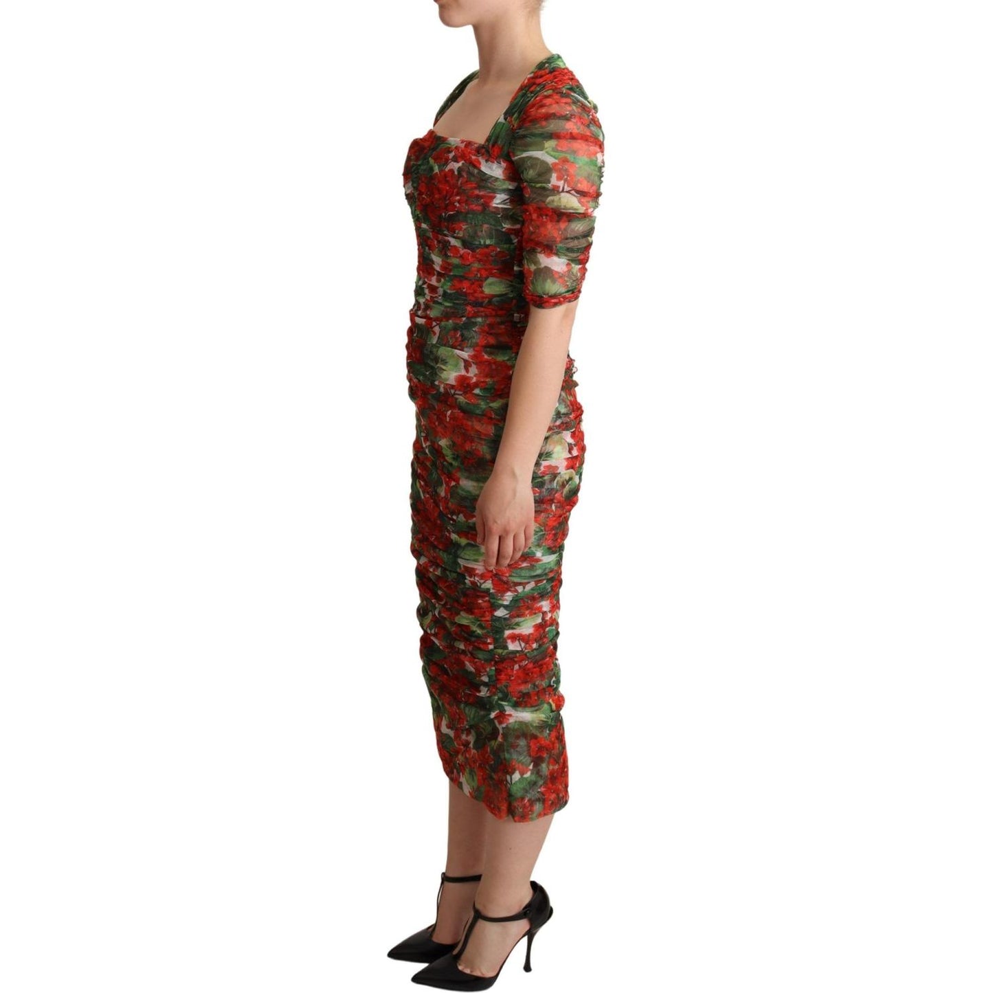 Dolce & Gabbana Red Floral Print Tulle Sheath Midi Dress DR28098 -36