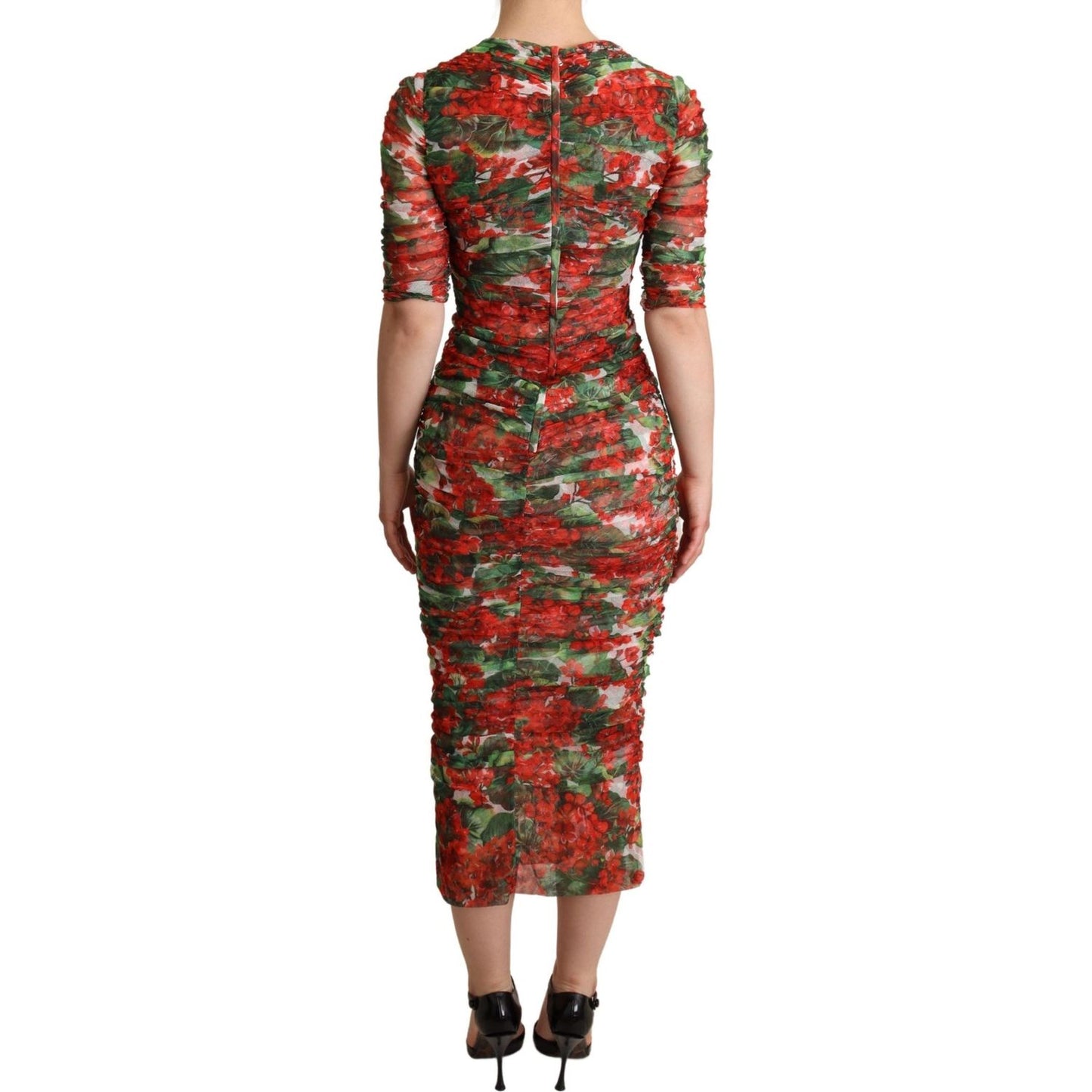 Dolce & Gabbana Red Floral Print Tulle Sheath Midi Dress DR28098 -36