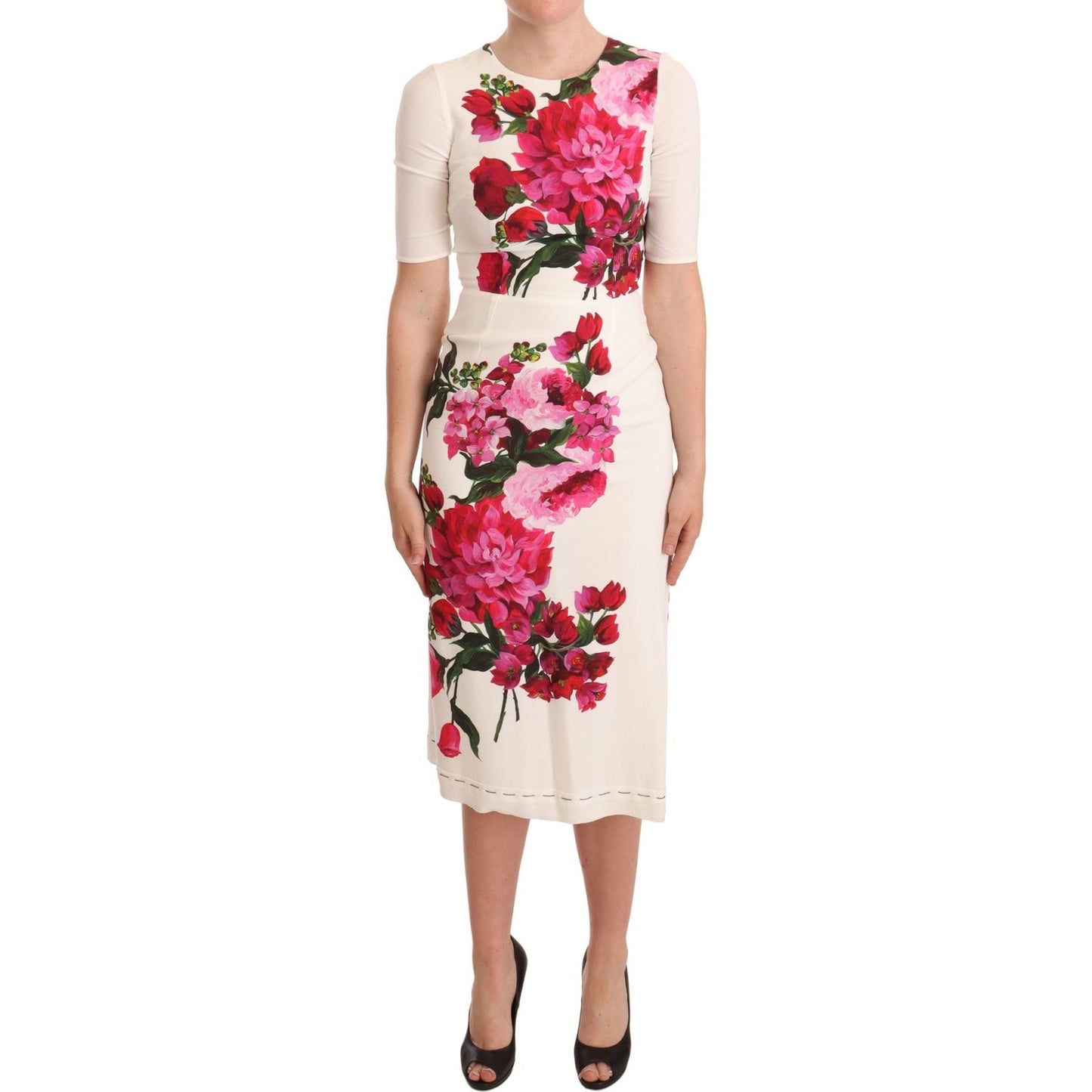 Dolce & Gabbana White Floral Printed Crepe Midi Slit Dress DR28248-38