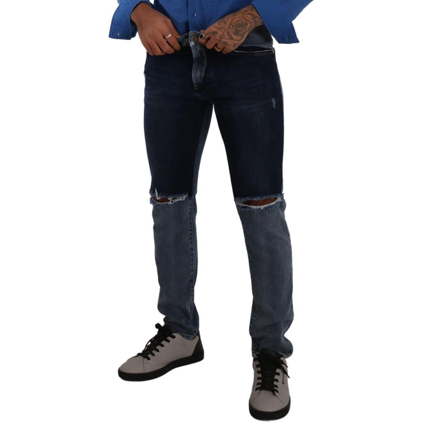 Dolce & Gabbana Blue Two Tone Tattered Cotton Slim Denim Jeans PAN72891 - 48