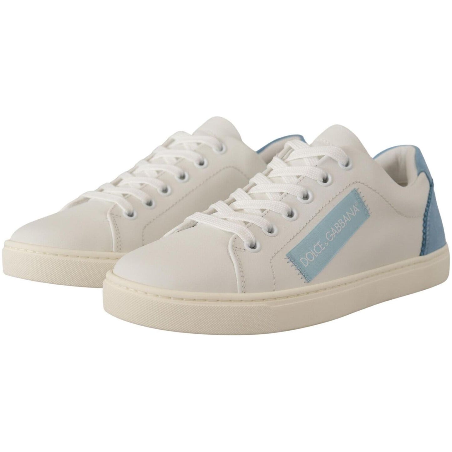 Dolce & Gabbana White Blue Leather Low Top Sneakers Shoes LA9796- 35.5