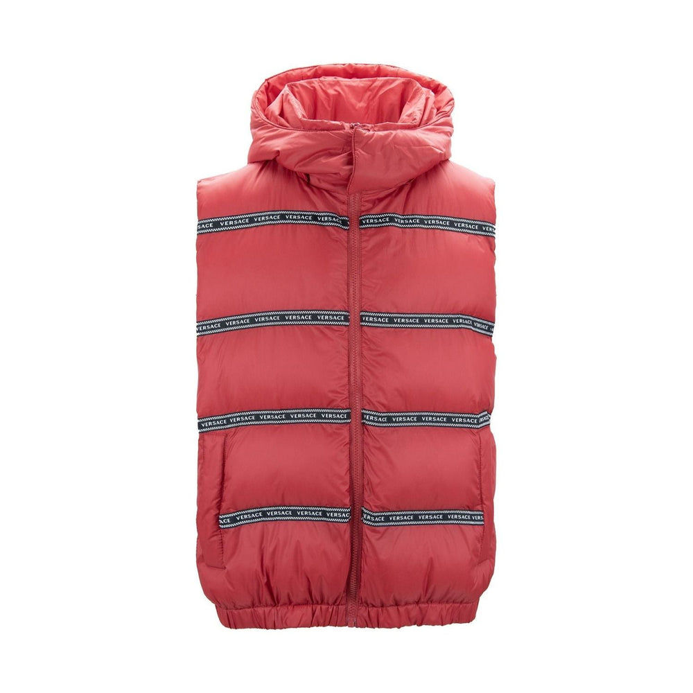 Elegant Red Versace Logo Vest with Detachable Hood 8054712636509