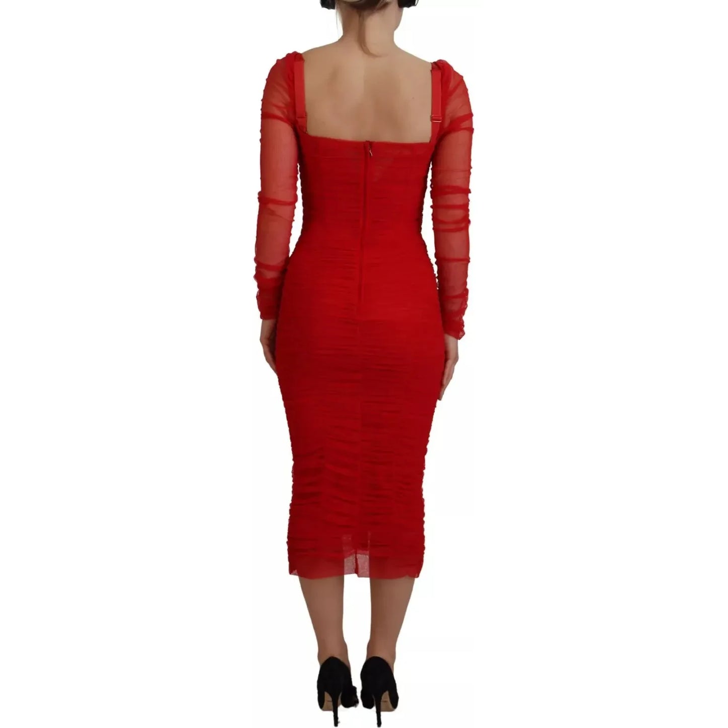 Dolce & Gabbana Red Mesh Trim Bodycon Sheath Midi Dress DR28904