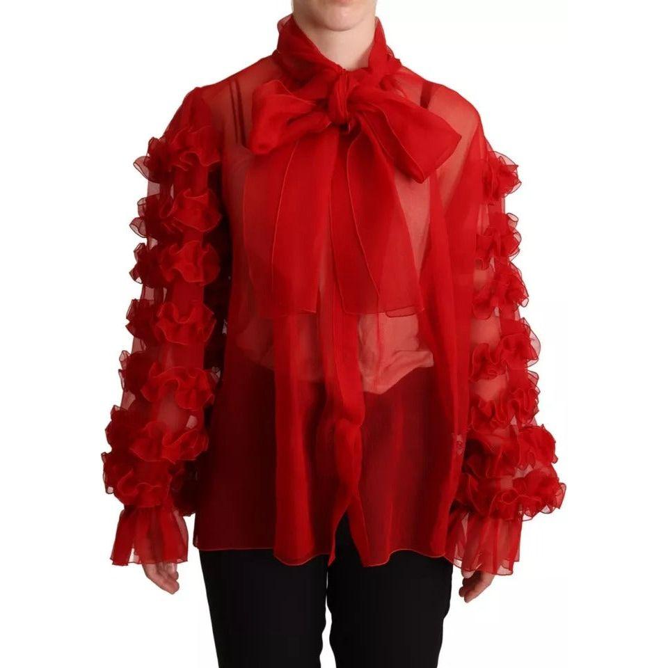 Dolce & Gabbana Red Silk Ascot Collar Ruffles Blouse Top TSH6765-38