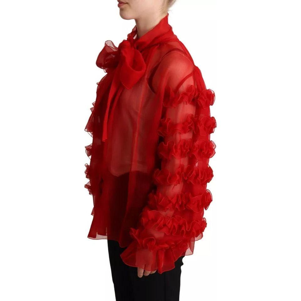 Dolce & Gabbana Red Silk Ascot Collar Ruffles Blouse Top TSH6765-38
