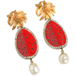 Dolce & Gabbana Red Watermelon Gold Brass Crystal Clip Dangling Earrings SMY10417