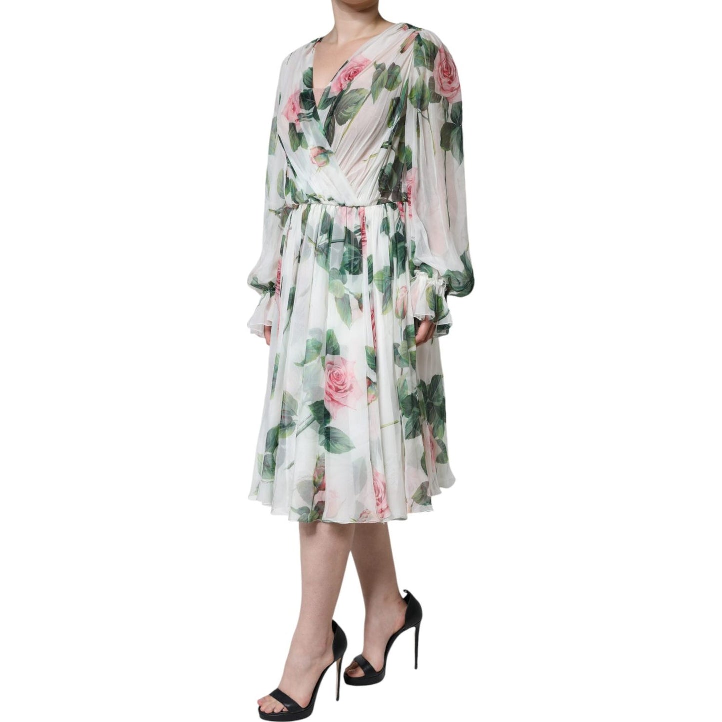 Dolce & Gabbana White Silk Floral Print A-line Midi Dress DR281289-50