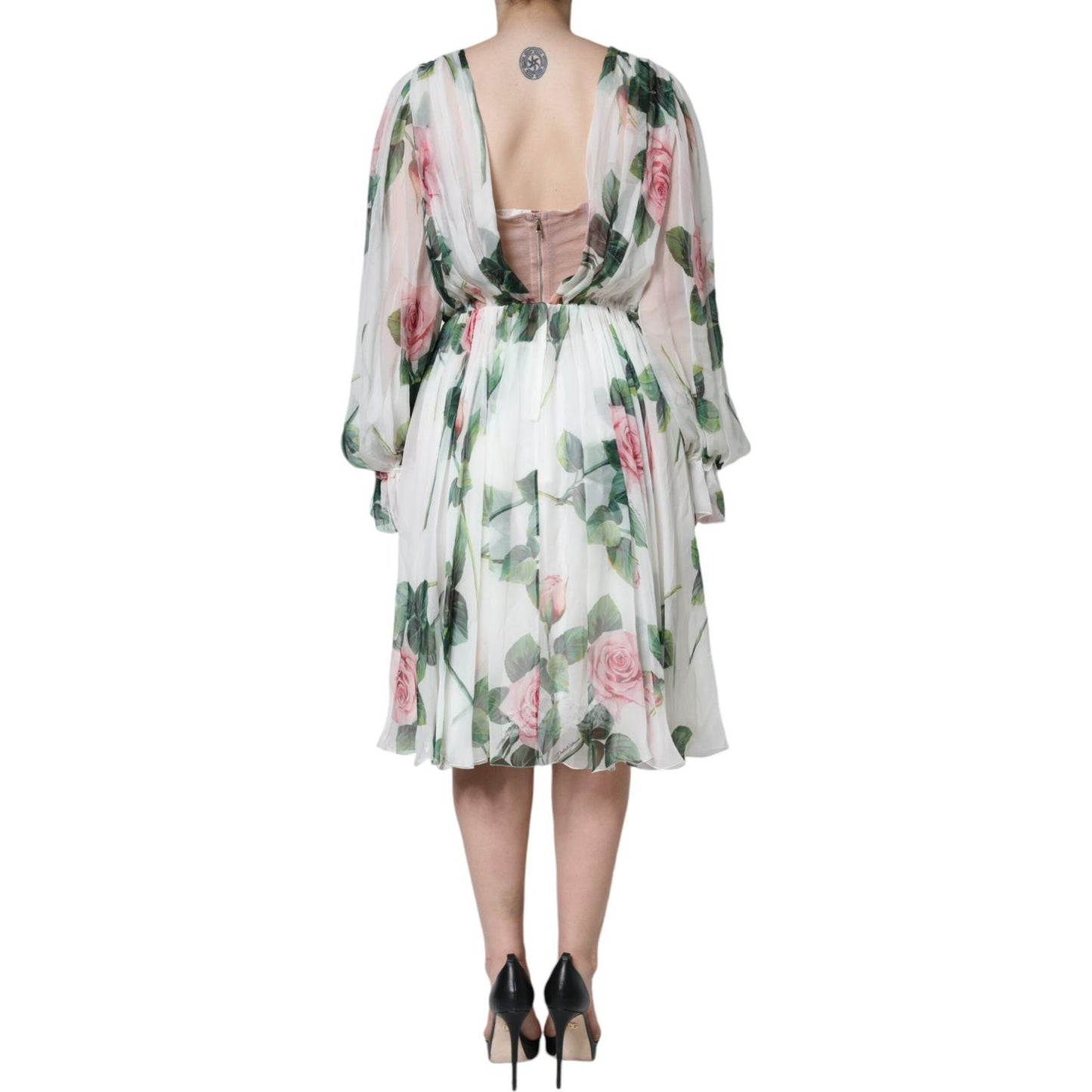 Dolce & Gabbana White Silk Floral Print A-line Midi Dress DR281289-50