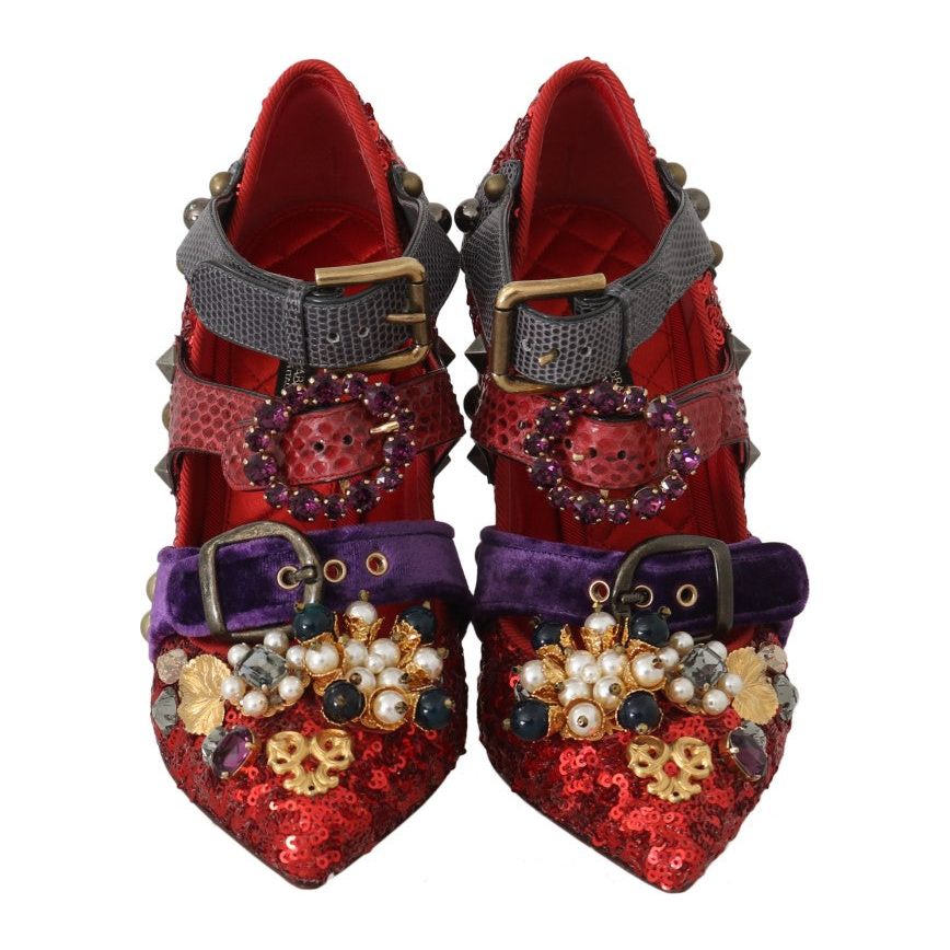 Dolce & Gabbana Red Sequined Crystal Studs Heels Shoes LA5364-36