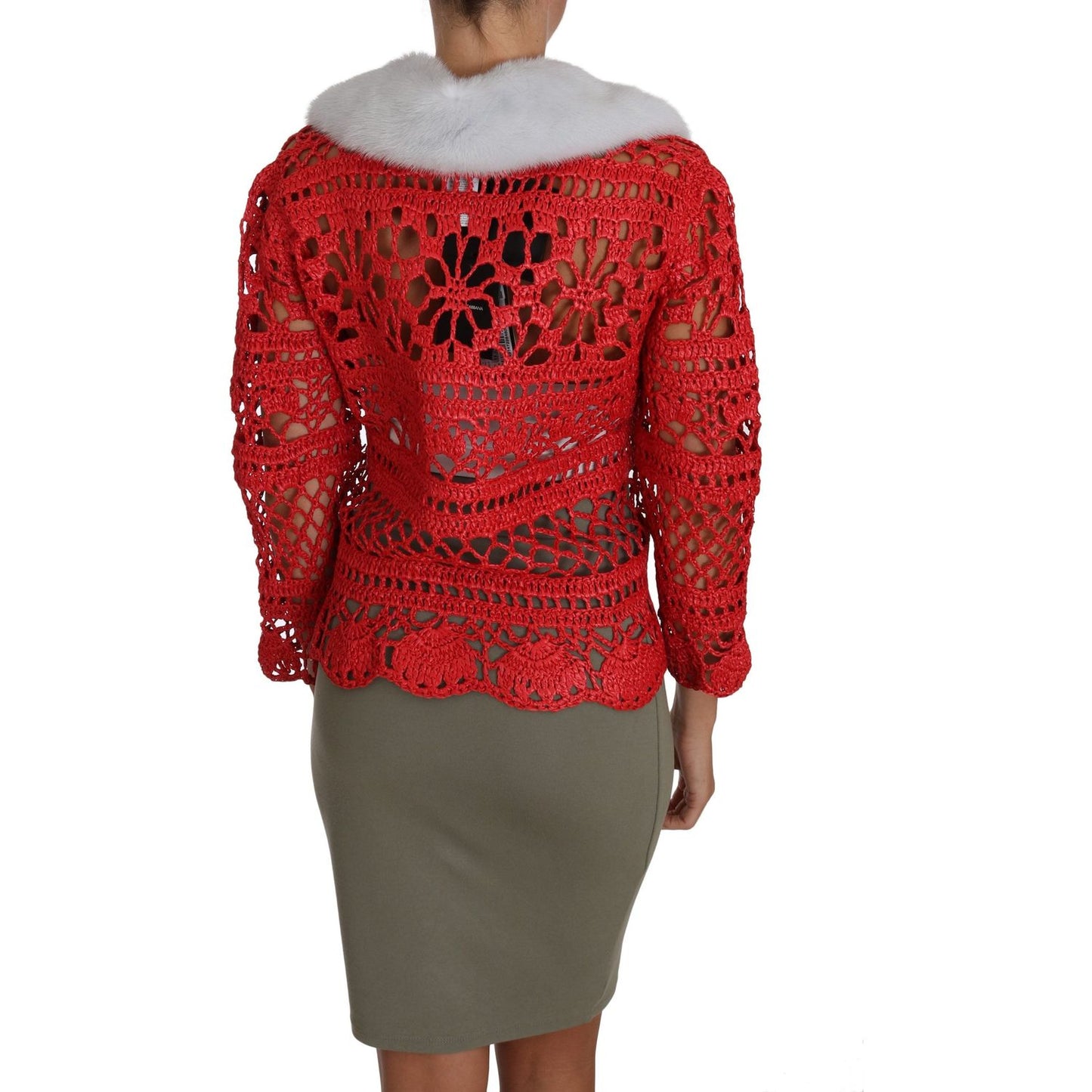 Dolce & Gabbana Red Cardigan Crochet Knit Raffia Sweater TSH2723-42