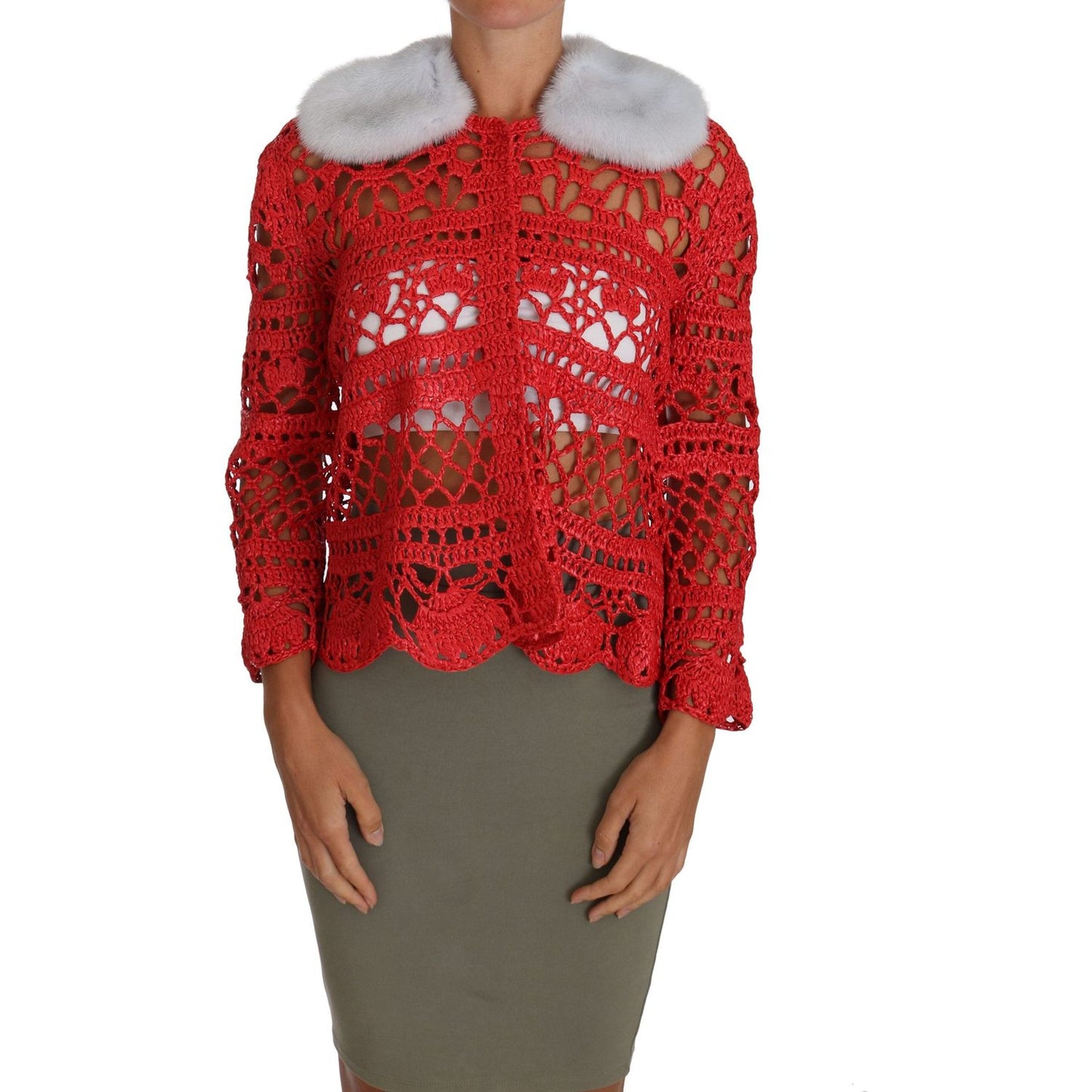 Dolce & Gabbana Red Cardigan Crochet Knit Raffia Sweater TSH2723-42