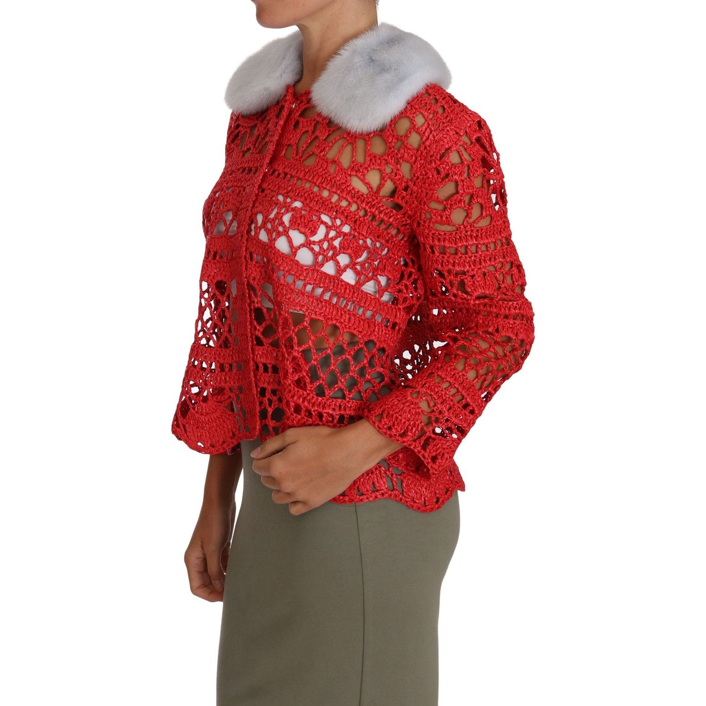 Dolce & Gabbana Red Cardigan Crochet Knit Raffia Sweater TSH2723-42