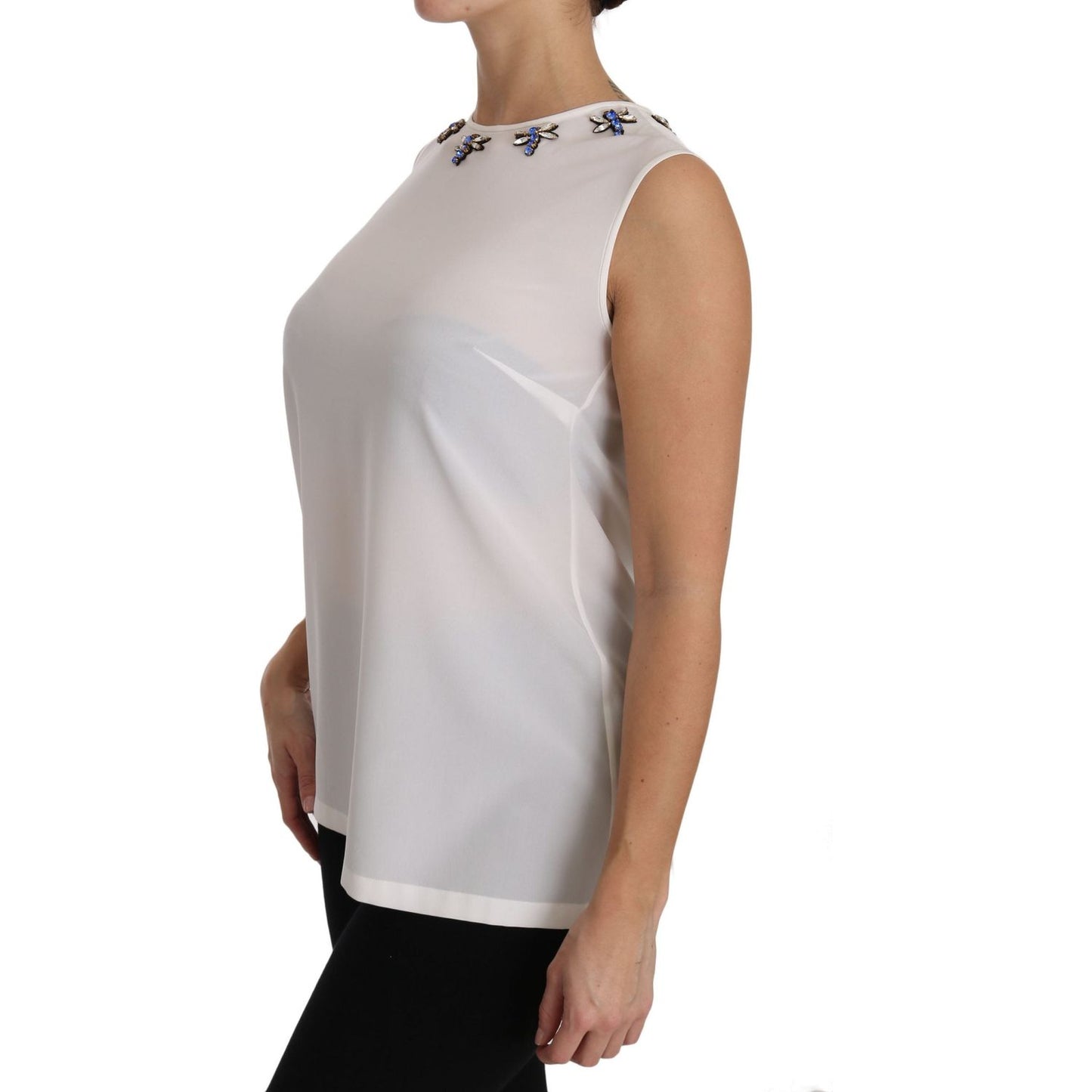 Dolce & Gabbana White Silk Embellished Crystal Dragonfly Top TSH2945-40
