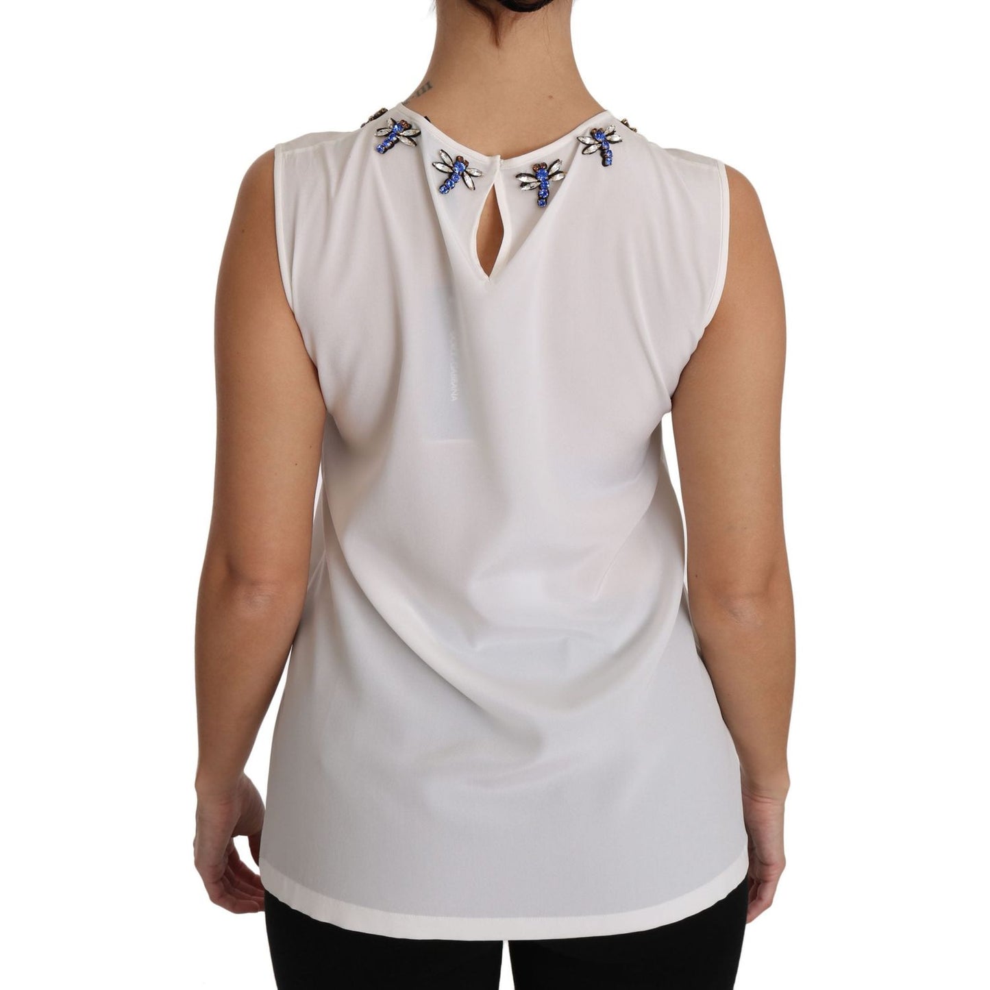 Dolce & Gabbana White Silk Embellished Crystal Dragonfly Top TSH2945-40