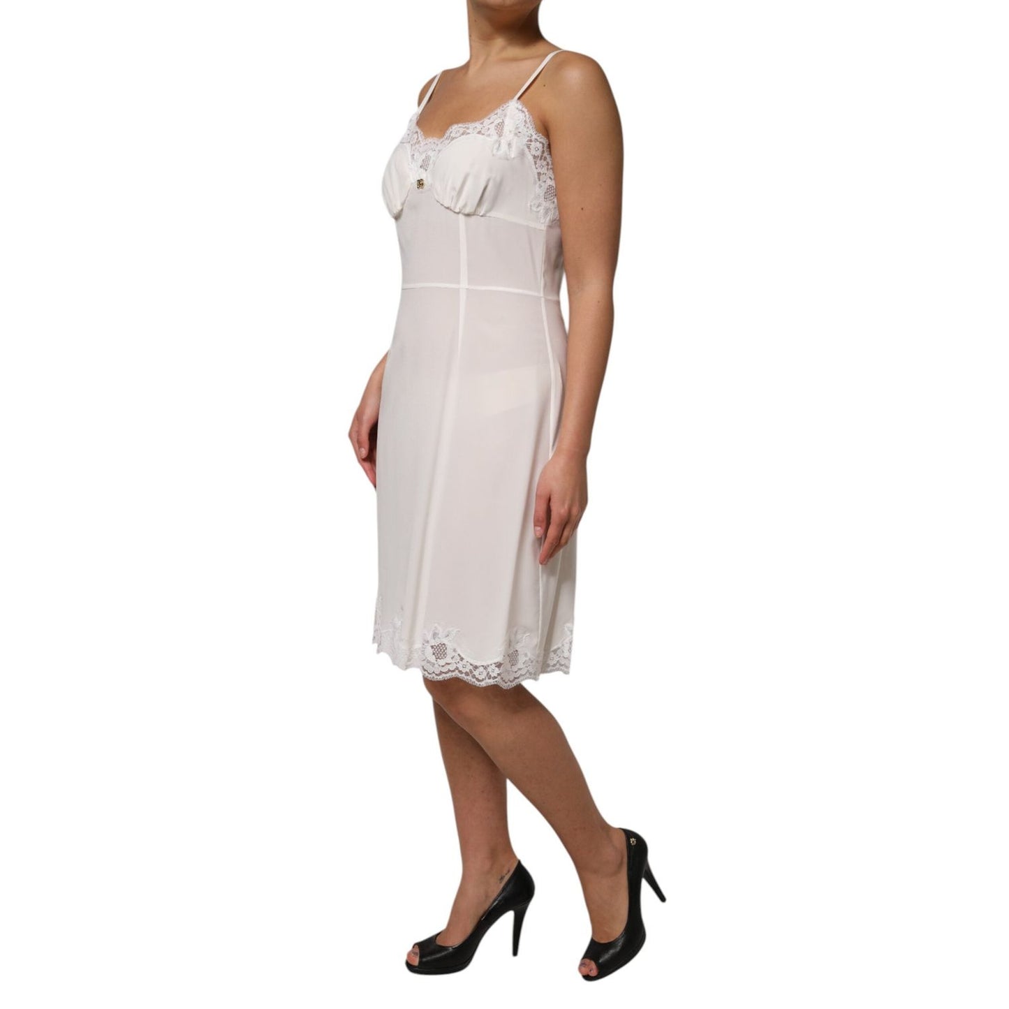 Dolce & Gabbana White Lace Gold DG Logo Silk Dress Sleepwear DR81798-46