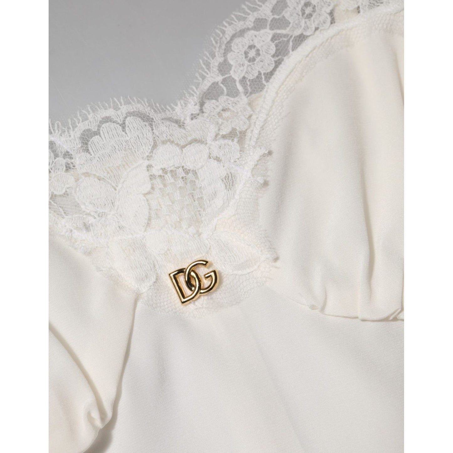 Dolce & Gabbana White Lace Gold DG Logo Silk Dress Sleepwear DR81798-46