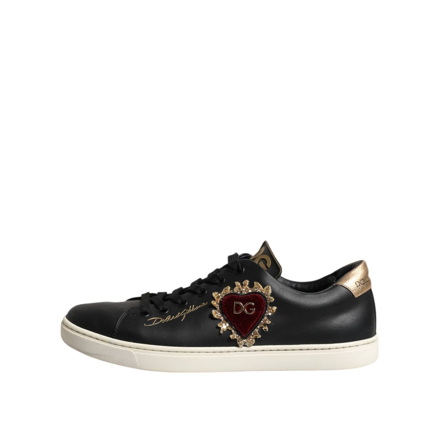 Dolce & Gabbana Black Leather Sacred Heart Sneakers Shoes LA12673-38