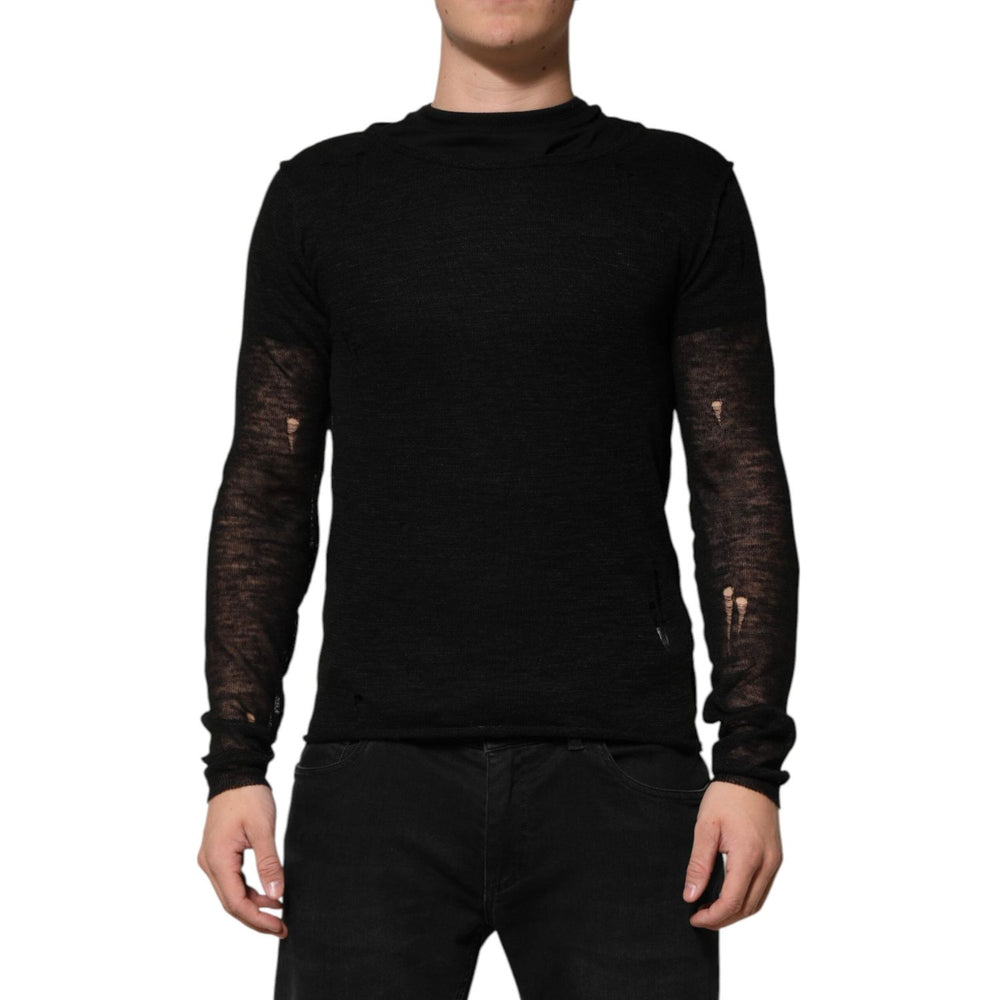 Dolce & Gabbana Black Linen Mesh Tattered Longsleeves T-shirt TSH91263-48