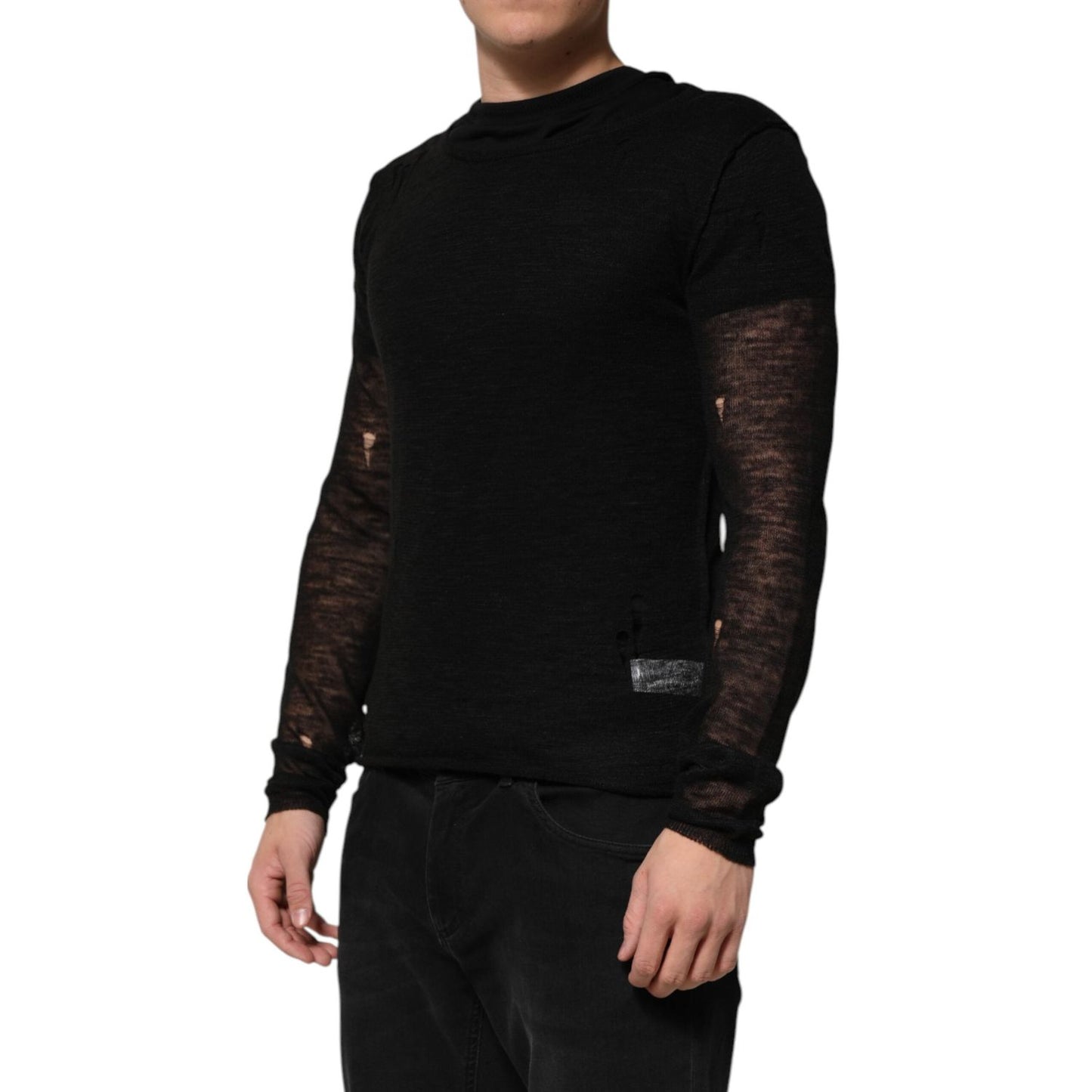 Dolce & Gabbana Black Linen Mesh Tattered Longsleeves T-shirt TSH91263-48