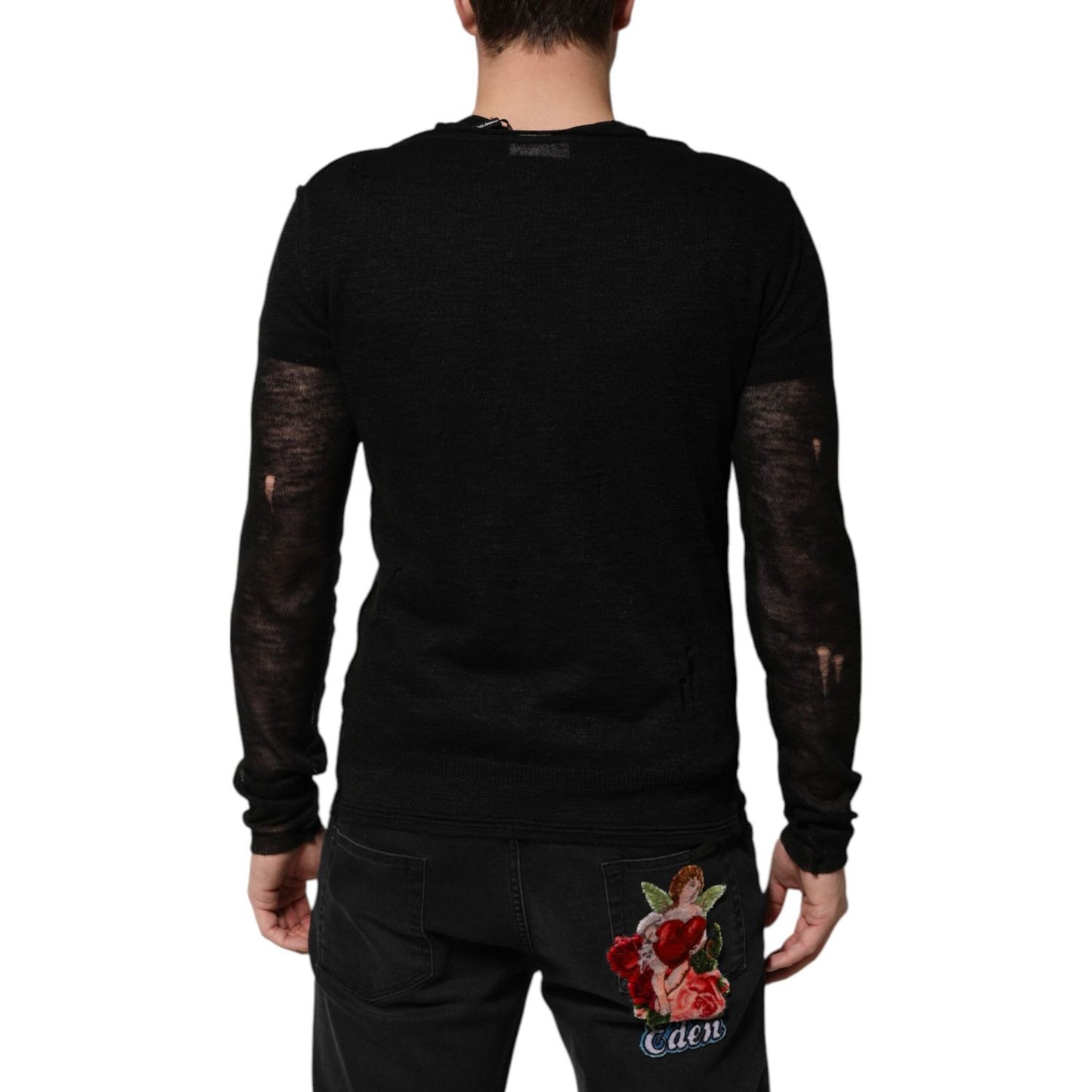 Dolce & Gabbana Black Linen Mesh Tattered Longsleeves T-shirt TSH91263-48