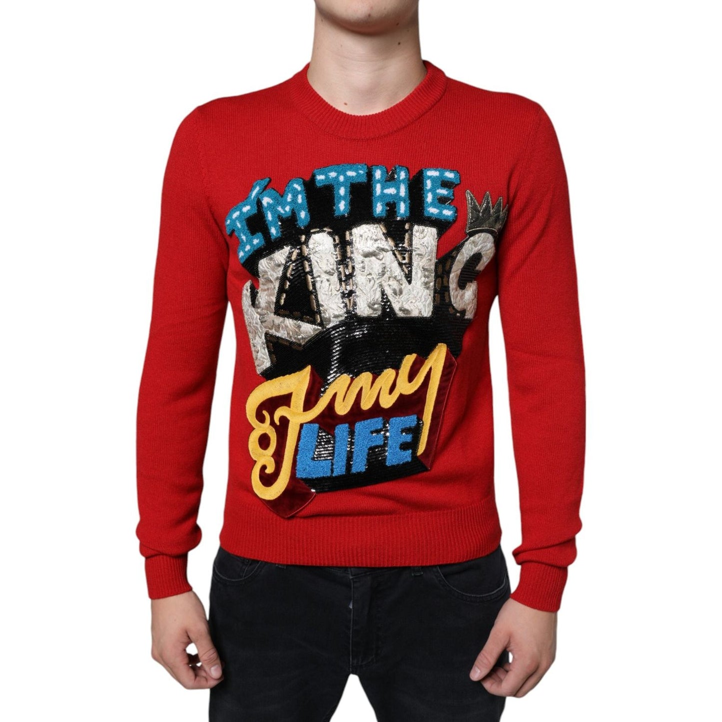 Dolce & Gabbana Red I'm The King Wool Crew Neck Sweatshirt Sweater TSH87095-44