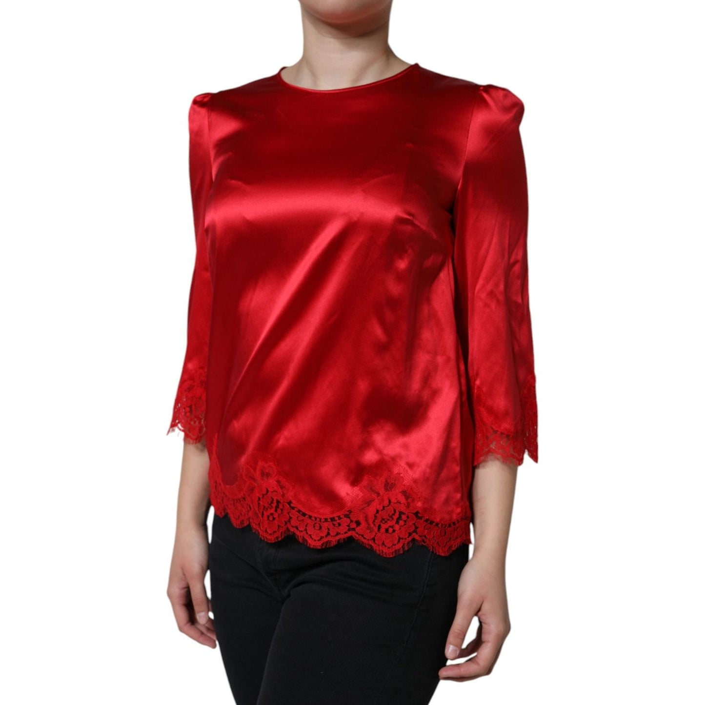 Dolce & Gabbana Red Satin Lace Trim Round Neck Blouse Top TSH86551-40
