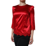 Dolce & Gabbana Red Satin Lace Trim Round Neck Blouse Top TSH86551-40