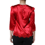 Dolce & Gabbana Red Satin Lace Trim Round Neck Blouse Top TSH86551-40