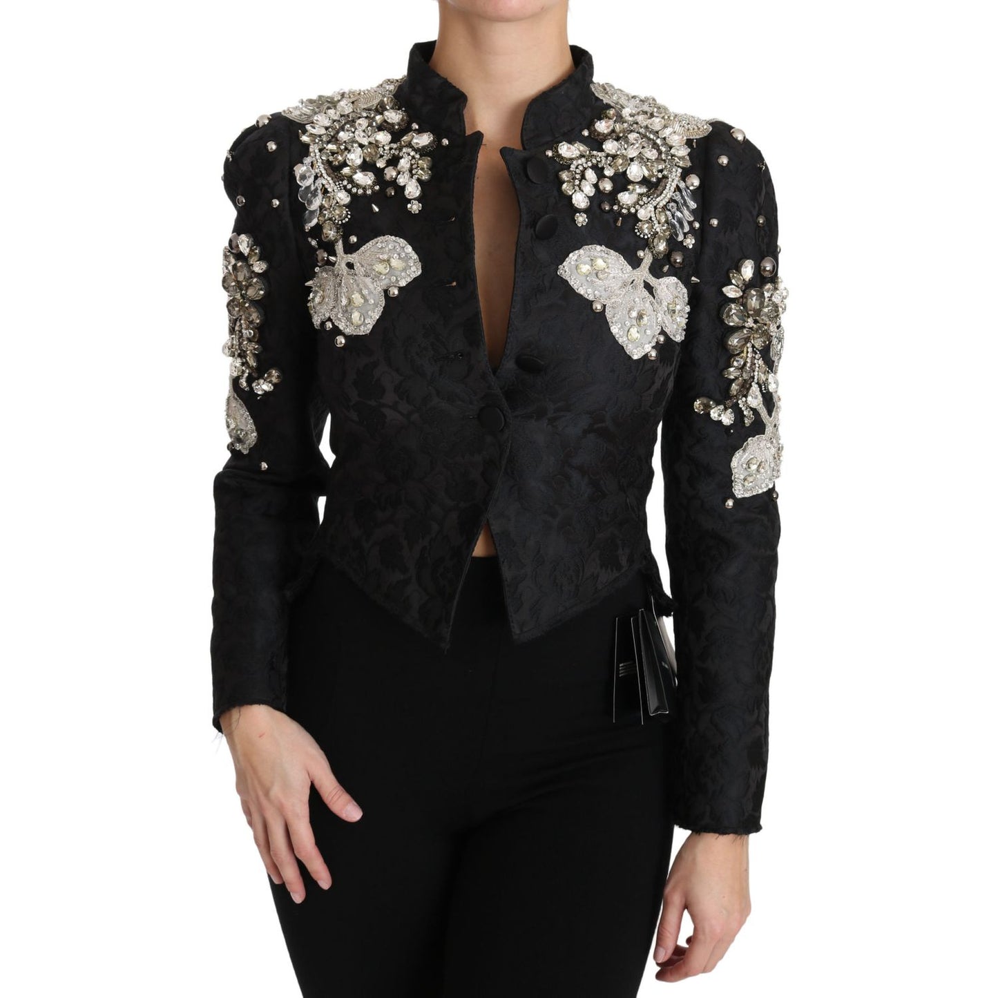 Dolce & Gabbana Black Jacquard Crystal Floral Jacket 1728,28% Silk,47% PL,67345645728,Black,Blazers - Suits & Blazers - Clothing,Clothing,Coats - Jackets & Coats - Clothing,Dolce & Gabbana,IT38|XS,Jackets & Coats - Clothing,Jackets & Coats - Women - Cloth