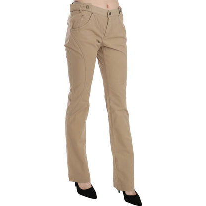 Just Cavalli Beige Cotton Mid Waist Straight Trousers Pants