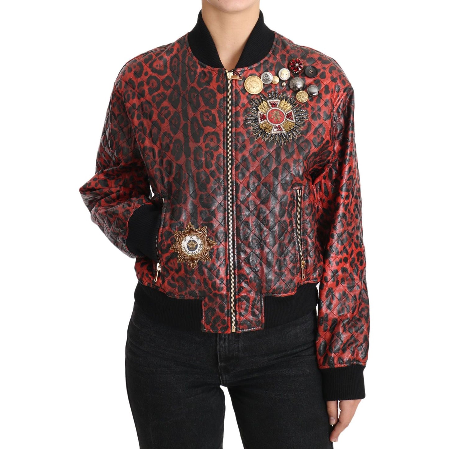 Dolce & Gabbana Red Leopard Button Crystal Leather Jacket