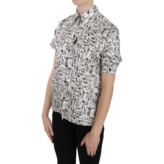 Dolce & Gabbana Trumpet Print Button Front Silk Top Blouse TSH3227-36