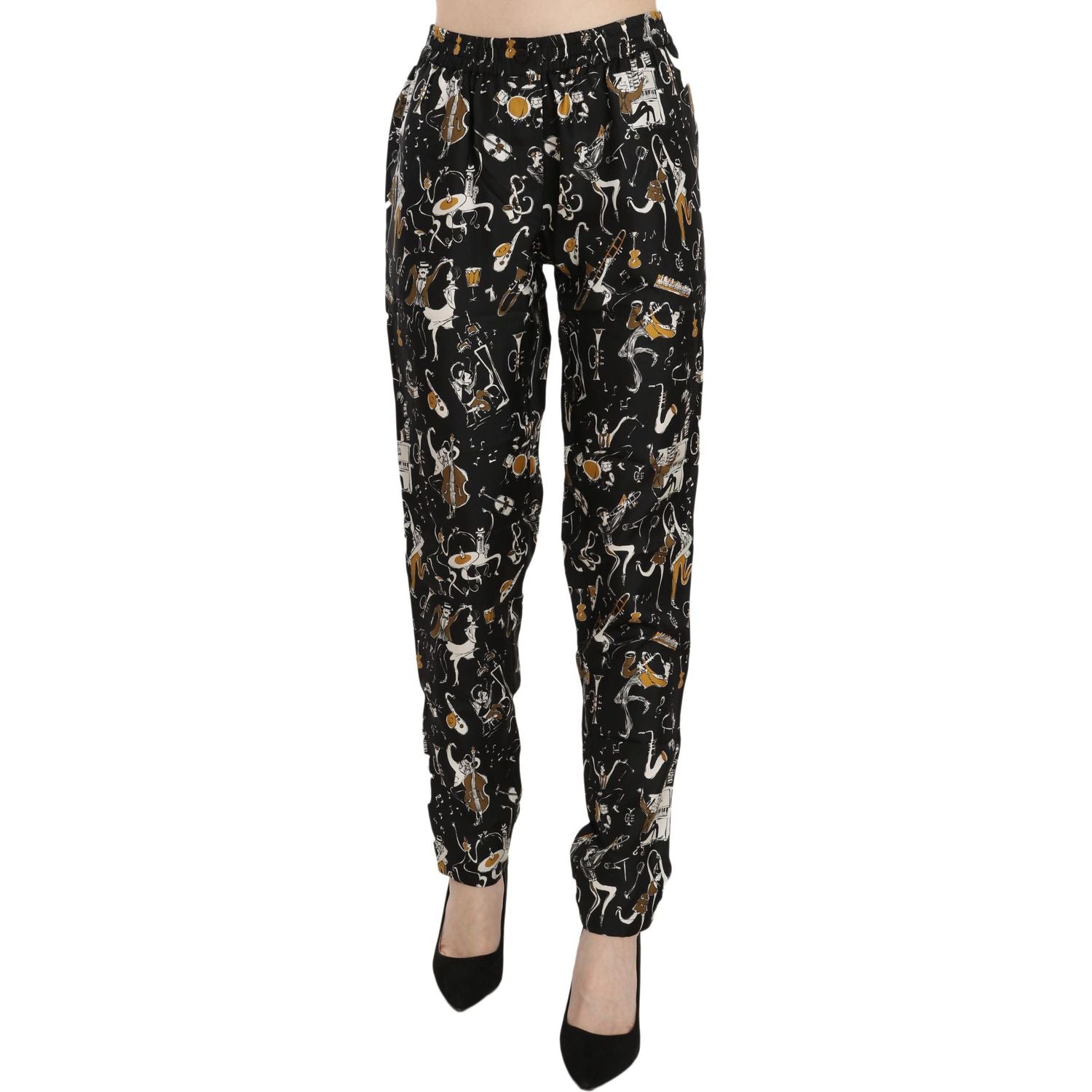 Dolce & Gabbana Black Jazz Club Print High Waist Tapered Pants