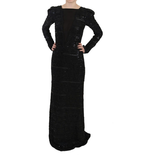 John Richmond Black Silk Full Length Sequined Gown Dress John Richmond