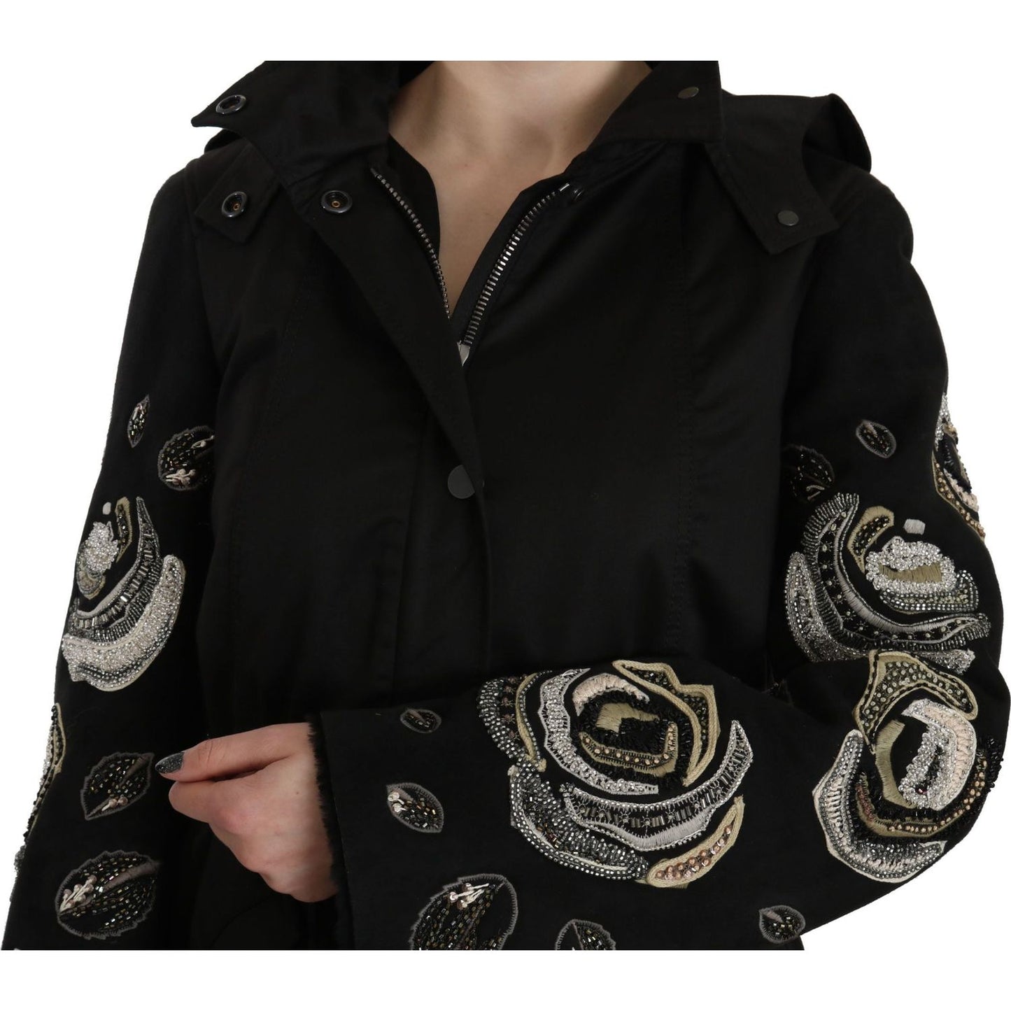 John Richmond Floral Sequined Beaded Hooded Jacket Coat 1728,67345645728,Black,Clothing,IT40|S,Jackets & Coats - Clothing,Jackets & Coats - Women - Clothing,John Richmond,Material: 100% Cotton,New with tags,Parkas - Jackets & Coats - Clothing,Women,Women