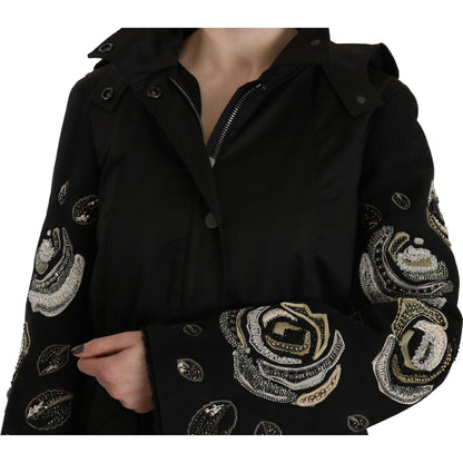 John Richmond Floral Sequined Beaded Hooded Jacket Coat 1728,67345645728,Black,Clothing,IT40|S,Jackets & Coats - Clothing,Jackets & Coats - Women - Clothing,John Richmond,Material: 100% Cotton,New with tags,Parkas - Jackets & Coats - Clothing,Women,Women