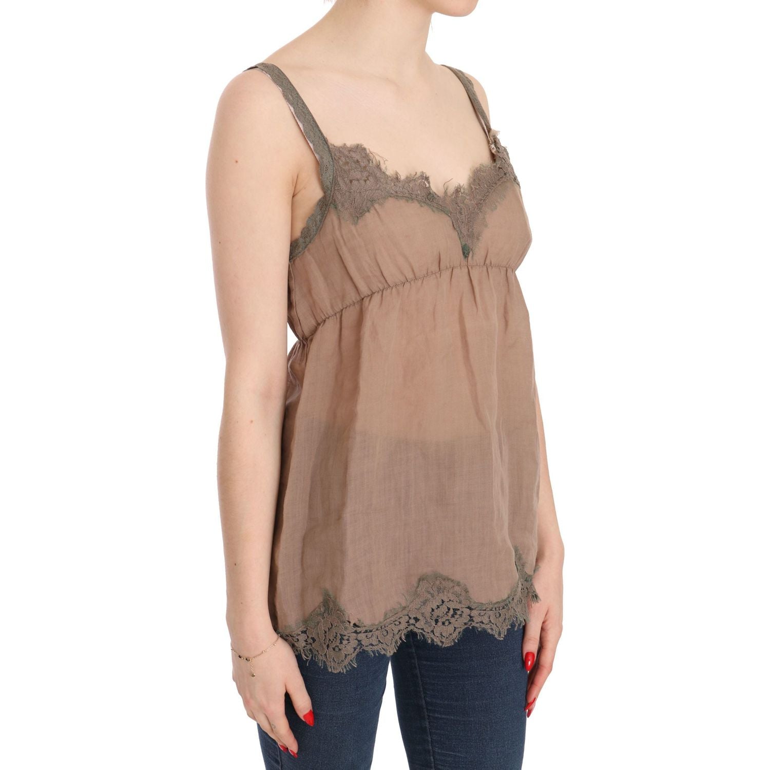PINK MEMORIES Brown Lace Spaghetti Strap Plunging Top Blouse
