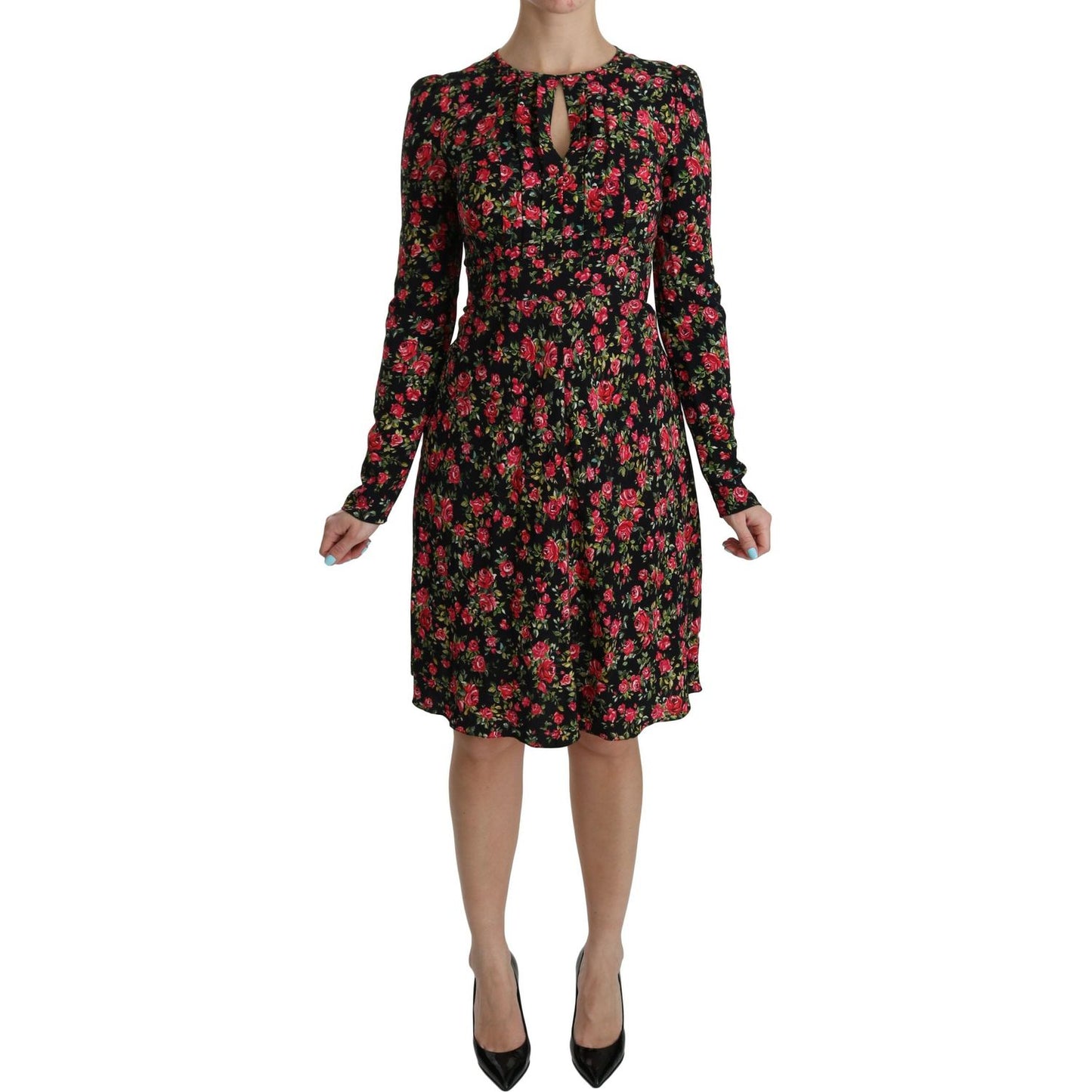 Dolce & Gabbana Black Floral Longsleeve Knee Length Dress