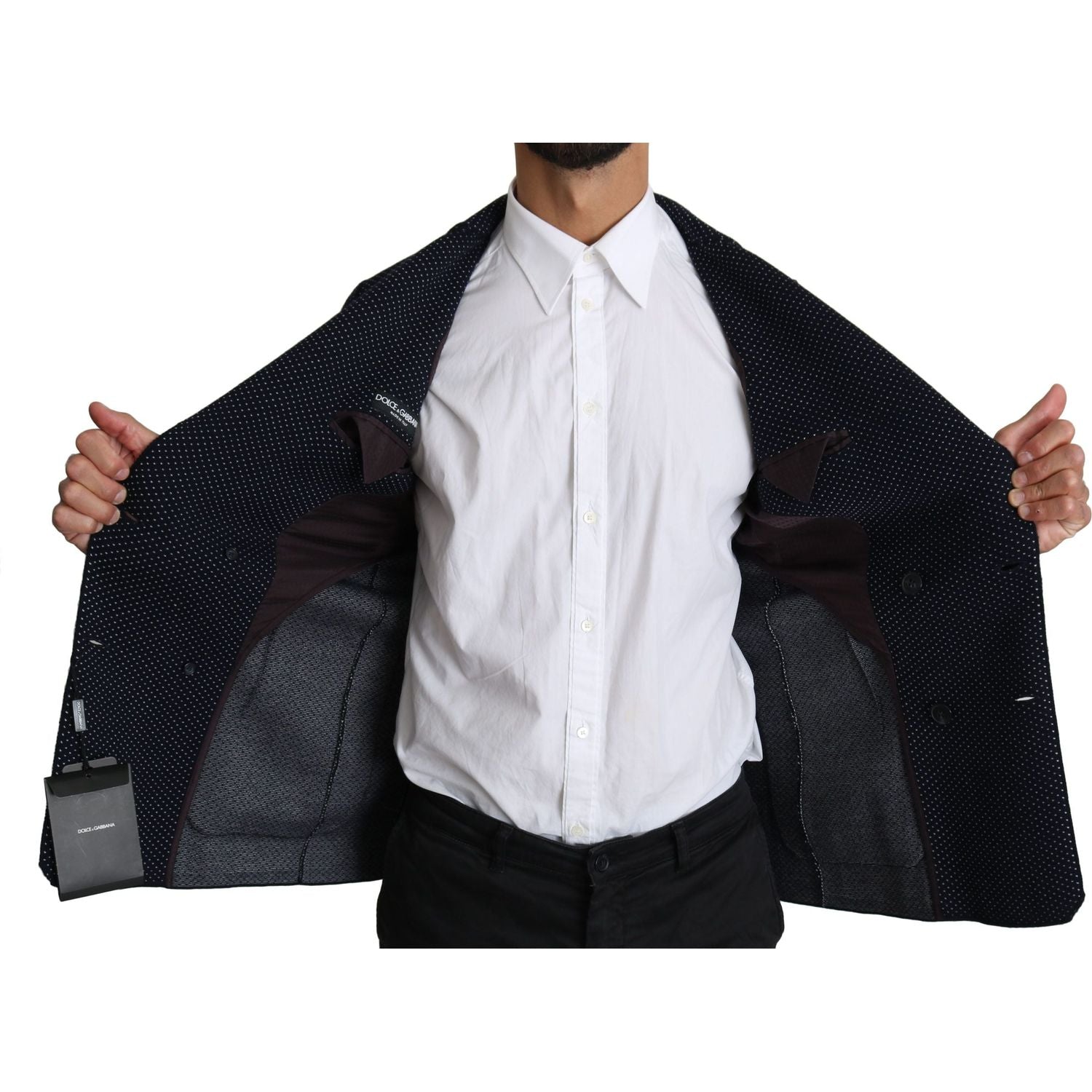 Dolce & Gabbana Dark Blue Dotted Double Breasted Coat Blazer