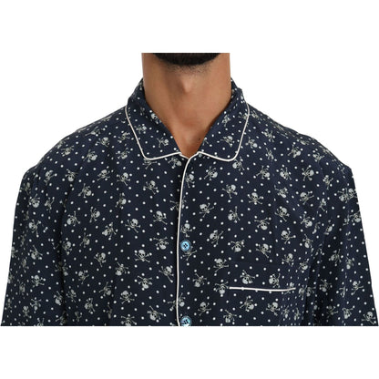 Dolce & Gabbana Blue Skull Print Silk Top Sleepwear Shirt