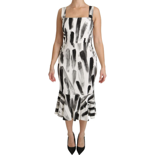 Dolce & Gabbana White Black Printed Sheath Midi Viscose Dress DR2145-42