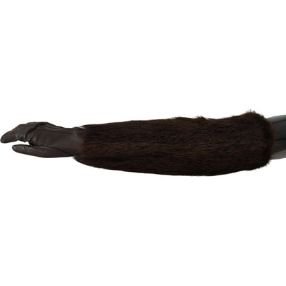 Dolce & Gabbana Brown Elbow Length Mittens Leather Fur Gloves