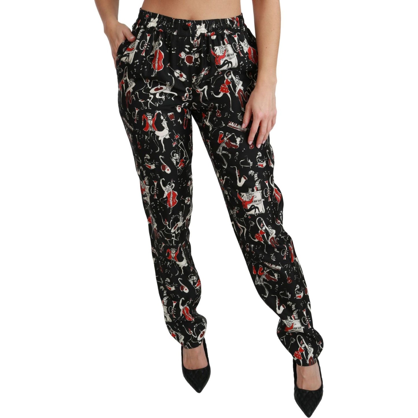 Dolce & Gabbana Black Silk Instrument Mid Waist Pants