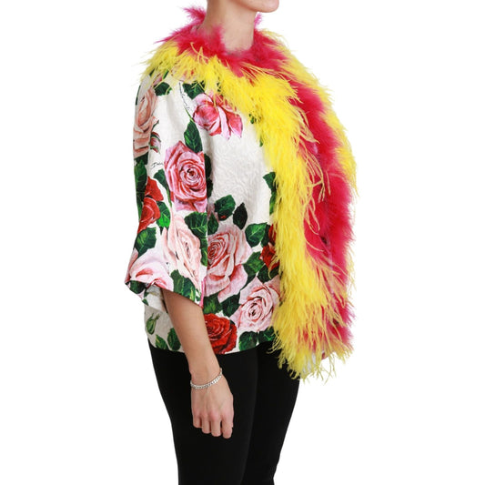 Dolce & Gabbana White Floral Coat Capte Fur Roses Jacket JKT2573-40