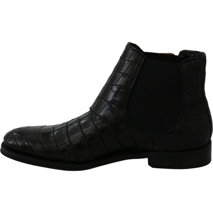 Dolce & Gabbana Black Crocodile Leather Derby Boots Shoes